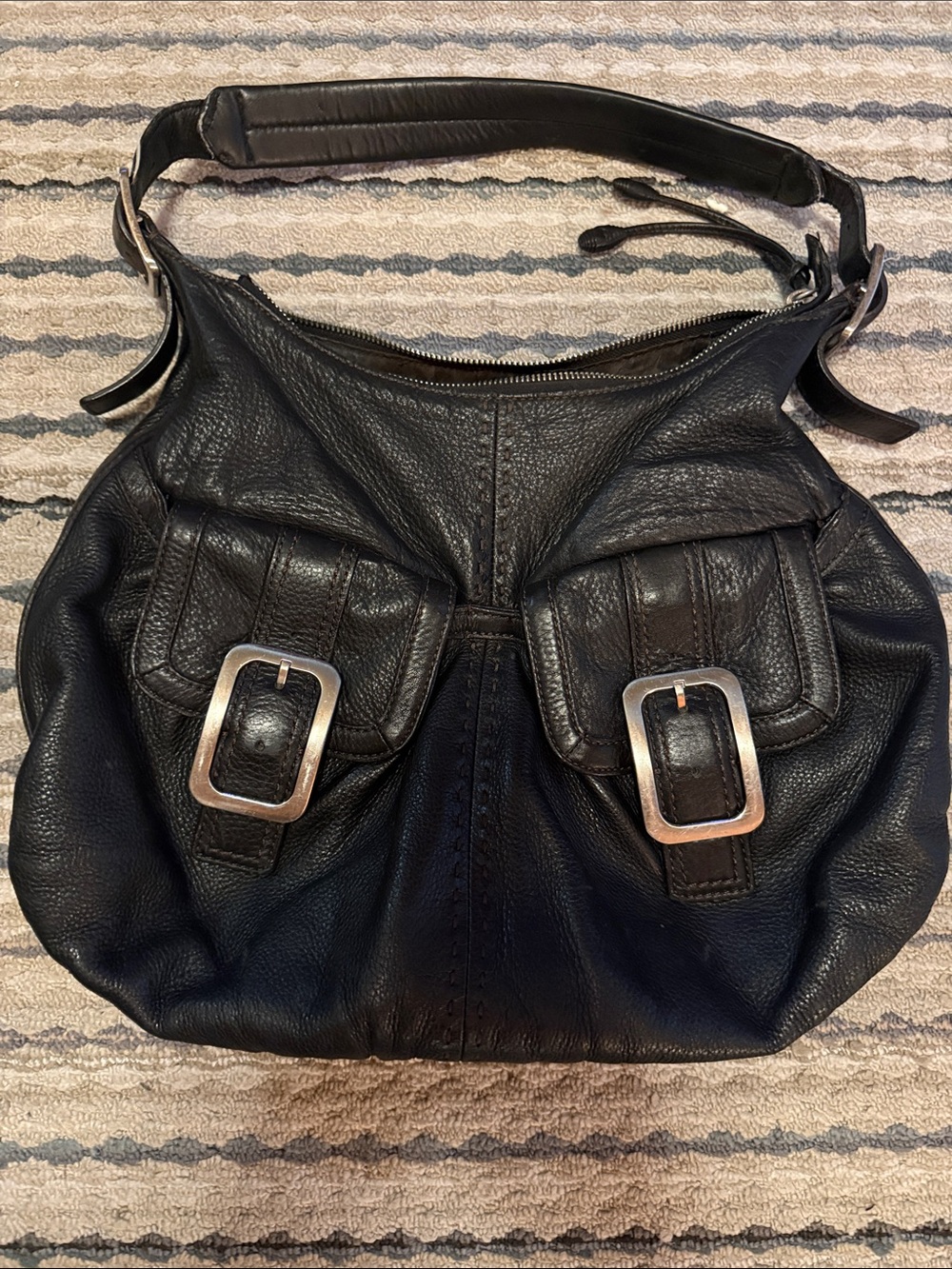Cole Haan Black Leather Shoulder Bag with Buckle Front Pockets